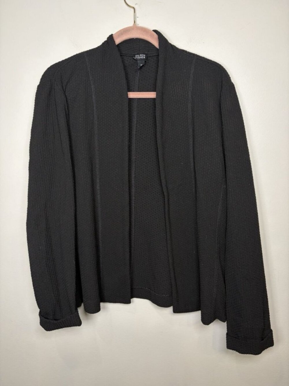 Eileen Fisher Black Waffle Knit Open Front Cardigan Size Small Classic Minimal